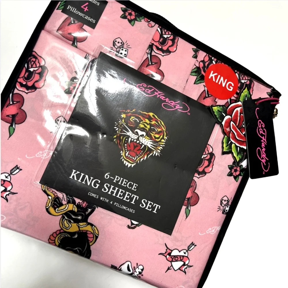 Ed Hardy King 6-Piece Sheet Set Americana Tattoo Heart Rose Swallow Print NWT